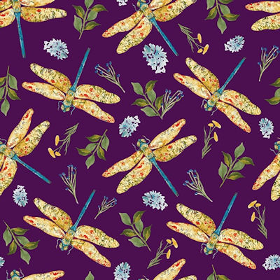 Five-Yard-Backs - 1729-53 - Amethyst/Multi Dragonflies and Flowers - Henry Glass Co