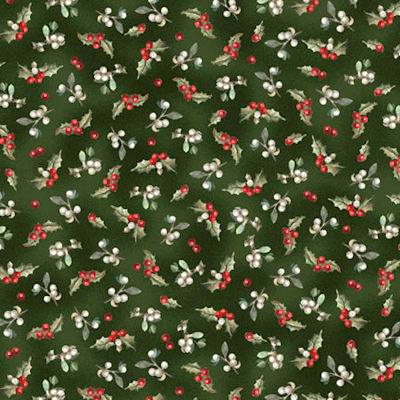 Winter Song - WISO 6232 G - Holly & Berries - P&B Fabrics - A repeating holiday pattern of holly leaves and red berries on a dark green background.