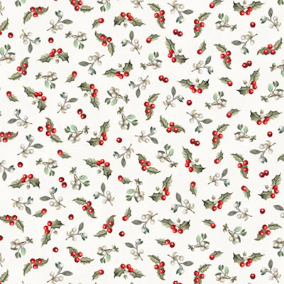 Winter Song - WISO 6232 LS - Holly & Berries - P&B Fabrics - A repeating watercolor-style pattern of holly leaves and red berries on a warm off-white background.