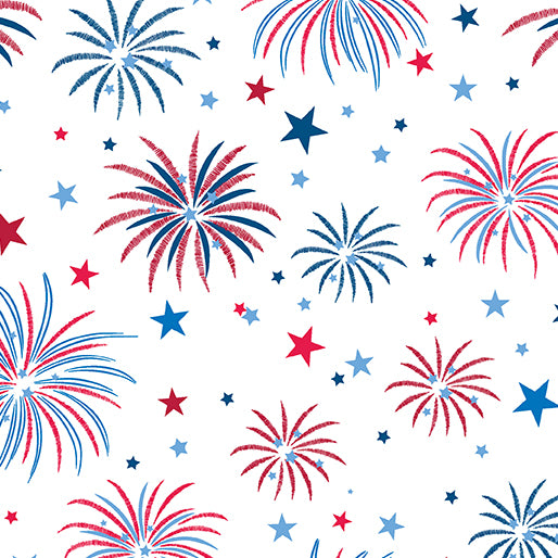 Celebrate the USA - 15198-09 Patriotic Fireworks White - Benartex