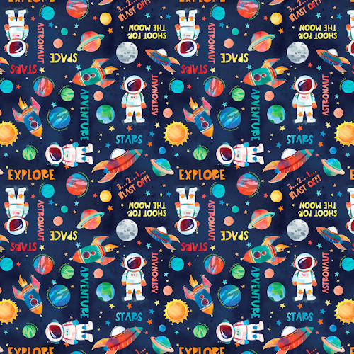 Blast off - 2789-77 Navy Astronauts Planets & Rockets - Blank Quilting