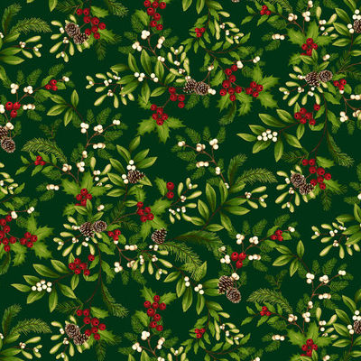 Winter Garden - 2829-66 Green - Holly & Mistletoe - Henry Glass Fabrics