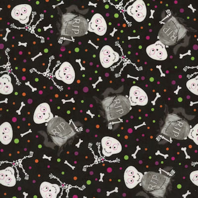 Graveyard Ghouls - 7795G-99 Black - Tossed Skeletons - Studio E Fabrics