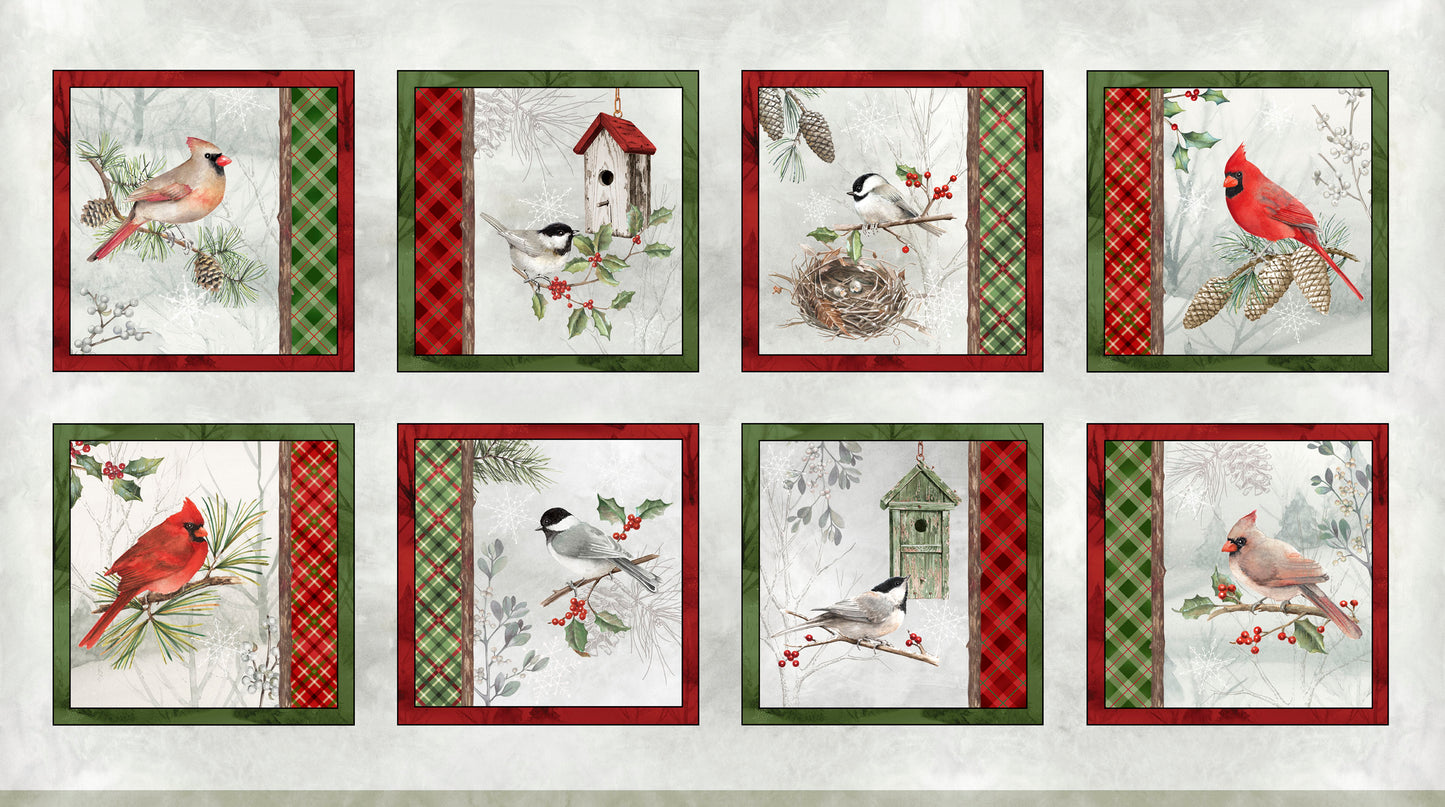 Winter Song - WISO 6229 PA - Panel - P&B Fabrics Set of nine framed illustrations featuring birds and nature scenes on a white background.