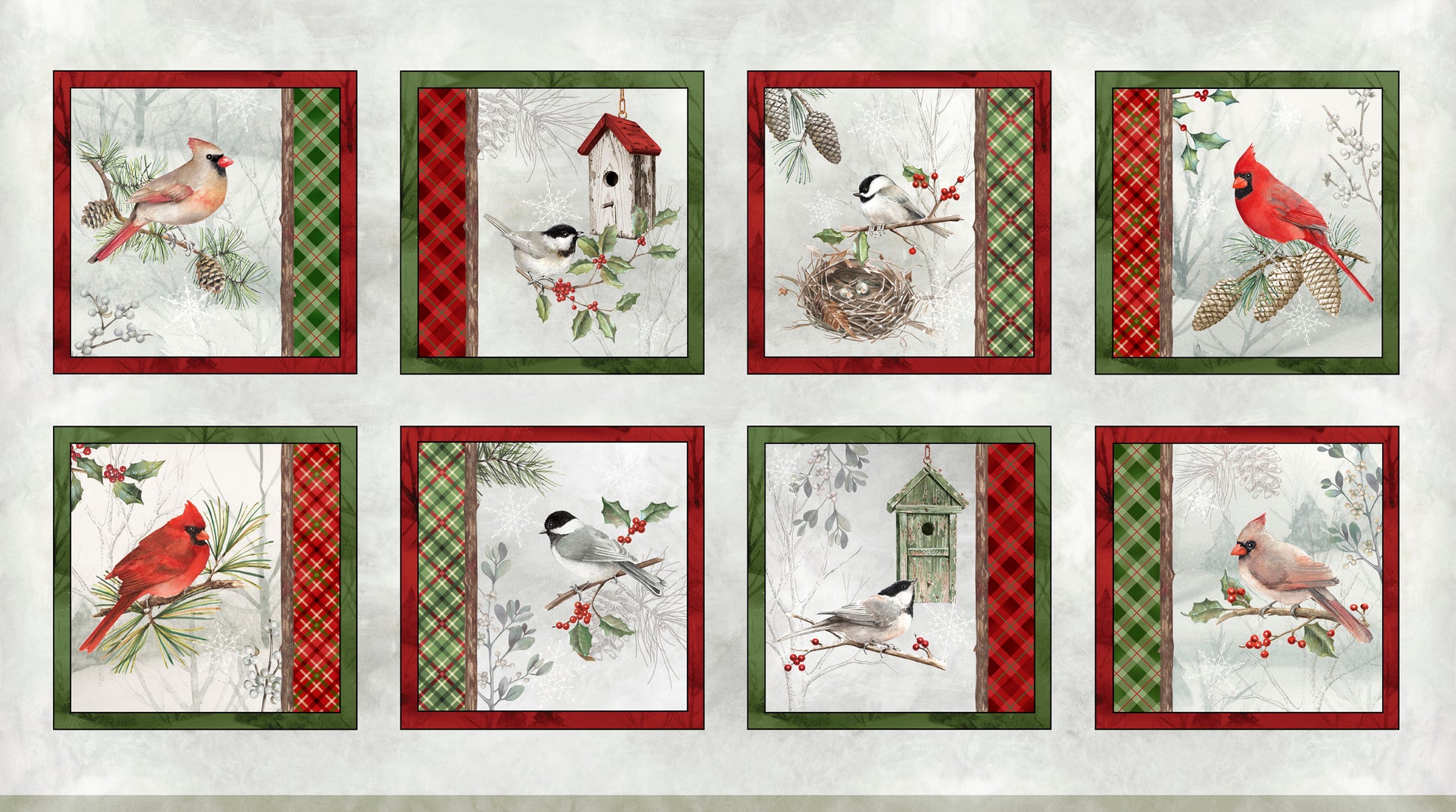 Winter Song - WISO 6229 PA - Panel - P&B Fabrics Set of nine framed illustrations featuring birds and nature scenes on a white background.