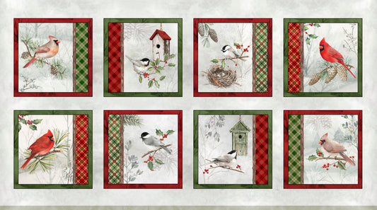 Winter Song - WISO 6229 PA - Panel - P&B Fabrics Set of nine framed illustrations featuring birds and nature scenes on a white background.