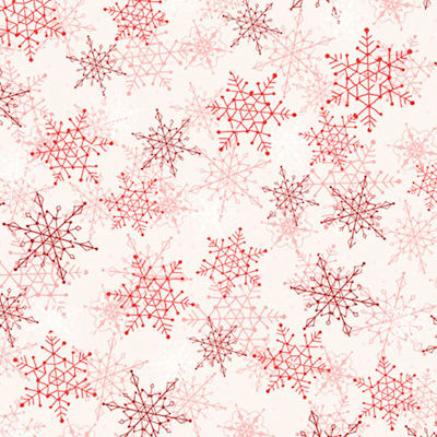 Winter Song - WISO 6233 ER - Layered Snowflakes - A repeating pattern of red and pink snowflakes on a light cream background, suitable for wrapping paper or fabric design.