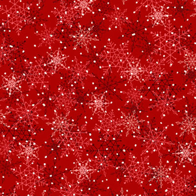 Winter Song - WISO 6233 R - Layered Snowflakes - P&B Fabrics - A festive red patterned fabric or paper featuring a dense design of white and light pink snowflakes, small white dots, and subtle dark red snowflakes throughout.