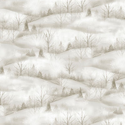Winter Song - WISO 6234 LS - Tonal Scenic - P&B Fabrics - A repeating winter landscape pattern featuring snowy rolling hills, bare trees, evergreen trees, and scattered snowflakes in soft beige, cream, and light gray tones.
