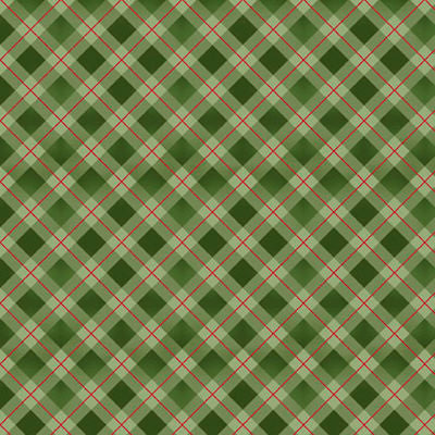 Winter Song - WISO 6236 G - Calm Gingham - P&B Fabrics - A repeating plaid pattern in shades of green with thin red diagonal lines forming diamond shapes.