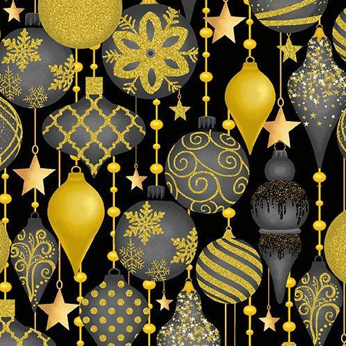 Merry Christmas -  CM3622 Black - Christmas Ornaments Metallic - Timeless Treasures