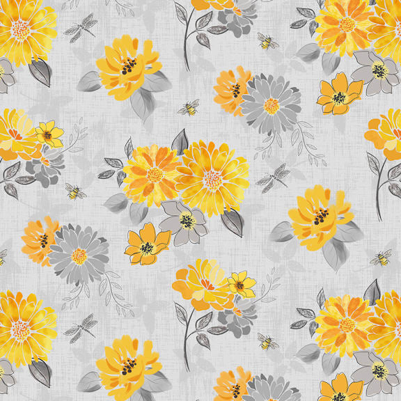 Mellow Yellow - 1964-90 Large Floral Gray - Blank Quilting