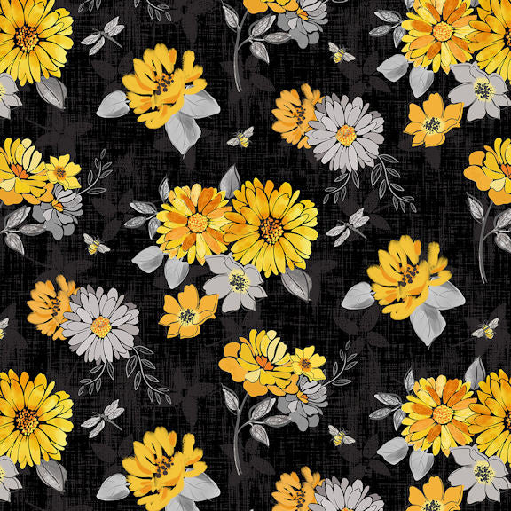 Mellow Yellow - 1964-99 Large Floral Black - Blank Quilting