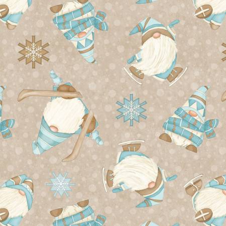 I Love Sngnomies - F9641-33 Beige Skiing Gnomes - Henry Glass Fabrics
